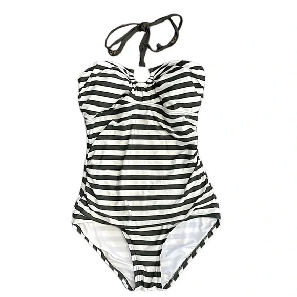 Michael Kors Striped Ivy Logo Ring Shirred One Piece Swimsuit Size 6 Beach Vacay - Picture 3 of 11
